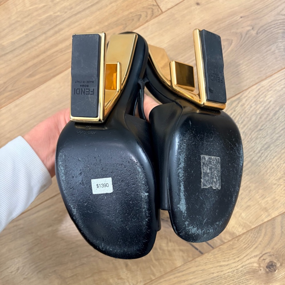 FENDI First sandals with open F frame gold metal heels - Size 38 / US 8 - Picture 9 of 10